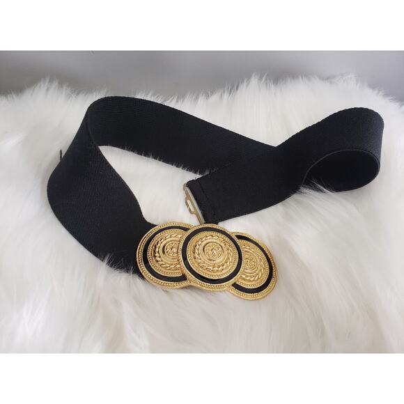 Nani Lewis Vintage 1980s Gold tone black enamel black elastic STRETCH belt retro - Picture 6 of 6